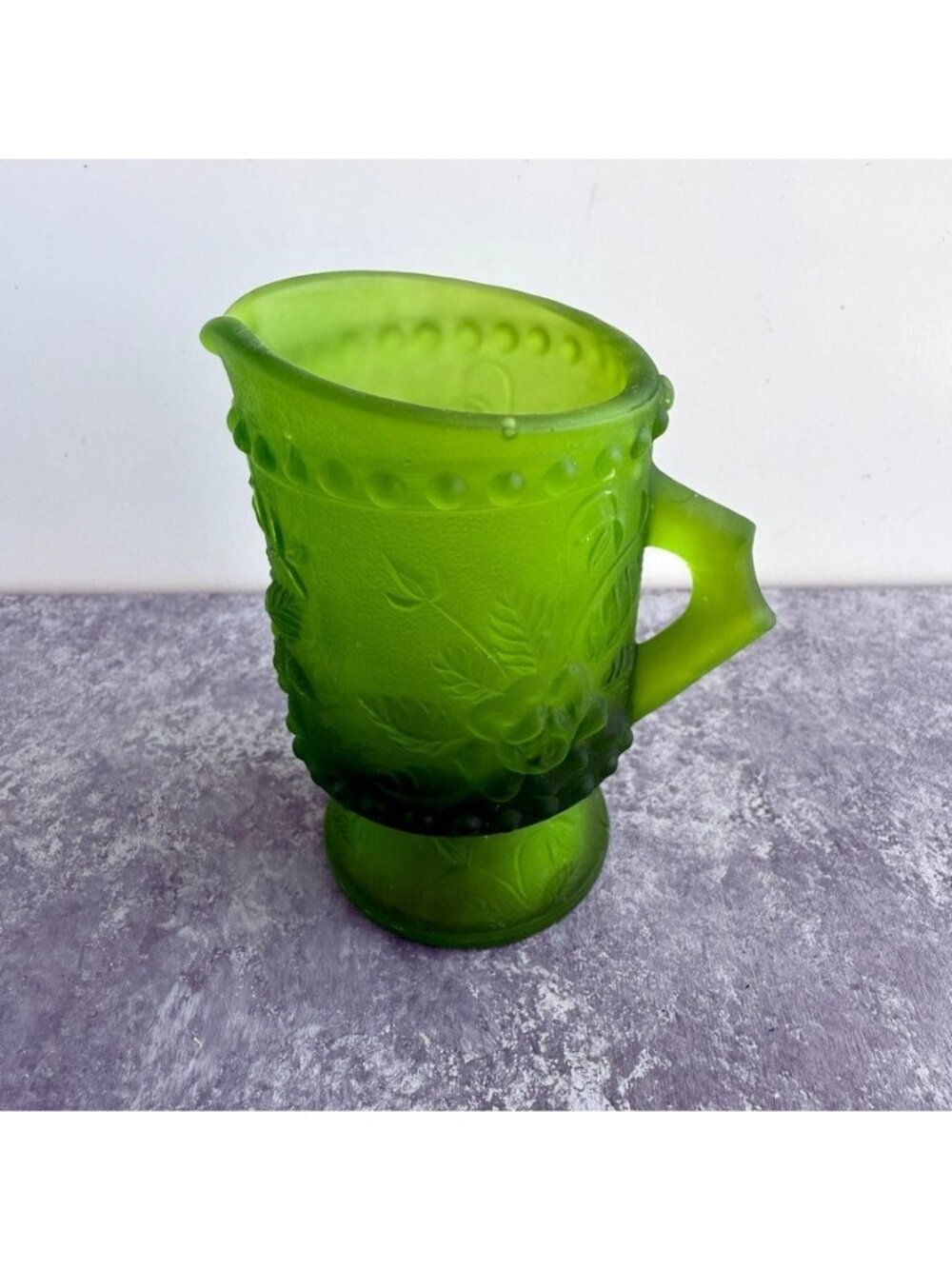 Vintage Green Glass With Flowers Miniature Mini Pitcher 3.75"
